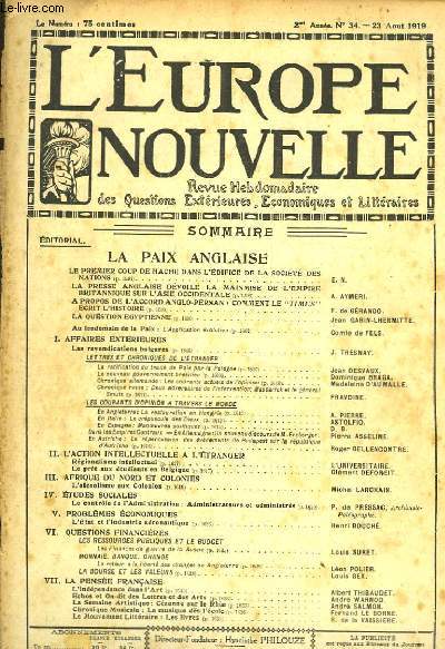 L'Europe Nouvelle. Revue Hebdomadaire des Questions Extrieures, Economiques et Littraires. N34 - 2me anne.