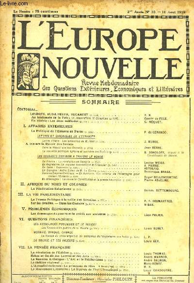 L'Europe Nouvelle. Revue Hebdomadaire des Questions Extrieures, Economiques et Littraires. N33 - 2me anne.