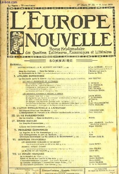 L'Europe Nouvelle. Revue Hebdomadaire des Questions Extrieures, Economiques et Littraires. N32 - 2me anne.