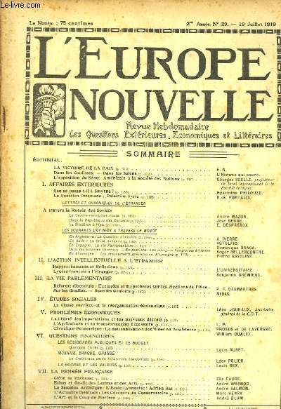 L'Europe Nouvelle. Revue Hebdomadaire des Questions Extrieures, Economiques et Littraires. N29 - 2me anne.