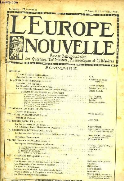 L'Europe Nouvelle. Revue Hebdomadaire des Questions Extrieures, Economiques et Littraires. 1re anne, N17