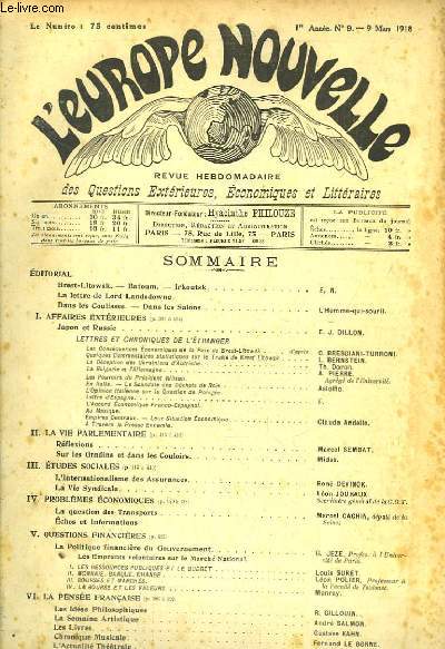 L'Europe Nouvelle. Revue Hebdomadaire des Questions Extrieures, Economiques et Littraires. 1re anne, N9