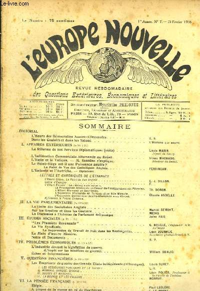 L'Europe Nouvelle. Revue Hebdomadaire des Questions Extrieures, Economiques et Littraires. 1re anne, N7