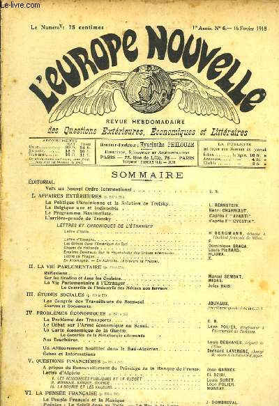 L'Europe Nouvelle. Revue Hebdomadaire des Questions Extrieures, Economiques et Littraires. 1re anne, N6