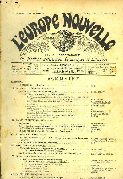 L'Europe Nouvelle. Revue Hebdomadaire des Questions Extrieures, Economiques et Littraires. 1re anne, N5