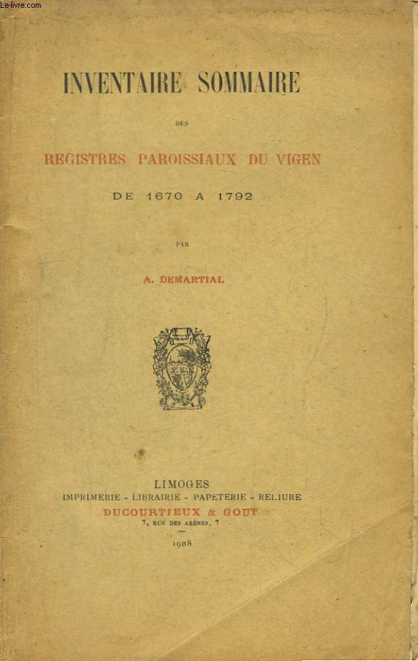 Inventaire Sommaire des Registres Paroissiaux du Vigen de 1670  1792