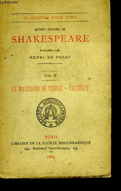 Oeuvres choisies de Shakespeare. TOME II : Le Marchand de Venise - Falstaff