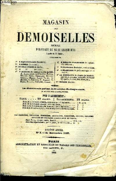 Magasin des Demoiselles. N 2 - 10me anne : De la prtendue indulgence, par Mme Watteville - Chasse  l'hippopotame, par Grolier - Mort de la Posie, par Simrock ...