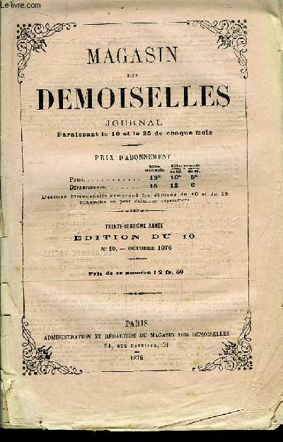 Magasin des Demoiselles. N10 - 32me anne : Le Labrador (fin), par Biart - La Baron Franck, par Clires - La clbre Anne-Marie de Schuremans, par Villeman ...