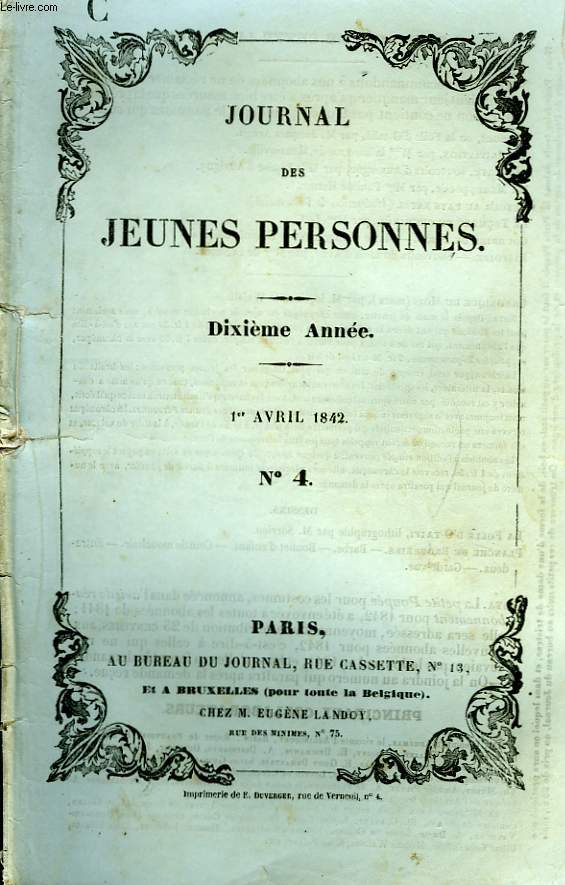 Journal des Jeunes Personnes. N4 - 10me anne : George ou la Folle d'O-Taiti, par Arago - La Bate souvenirs d'Auvergne, par Mlle Louise d'Auvigny ...
