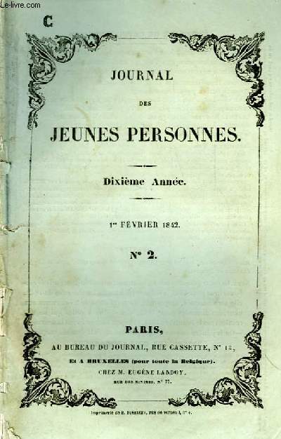 Journal des Jeunes Personnes. N2 - 10me anne : Les Deux Tribunaux Secrets, par Fouinet - Mr Durius, par Em. Deschamps ...