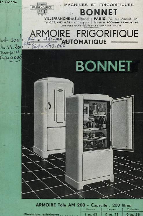 Affichette publicitaire, de l'Armoire Tle AM 200, Bonnet.