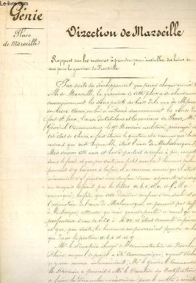 5 documents originaux de 1863, accompagné d'un plan, concernant l'installation des Bains de Mer pour la Garnison de Marseille à Endoume (existe encore aujourd'hui)