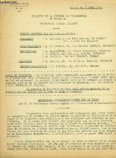 Bulletin de la Socit de Philosophie de Bordeaux. N27, 2me anne : Recherches Phenomenologiques sur le temps, par le Pr Gaston Berge.