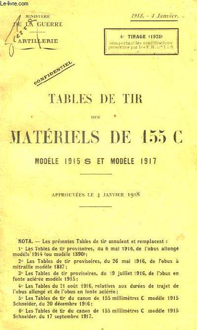 Tables de Tir des Matriels de 155 C. Modle 1915 S et Modle 1917