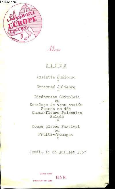 Menu de Dîner du Grand Hôtel Europe, à Lucerne. Du 25 juillet 1957.