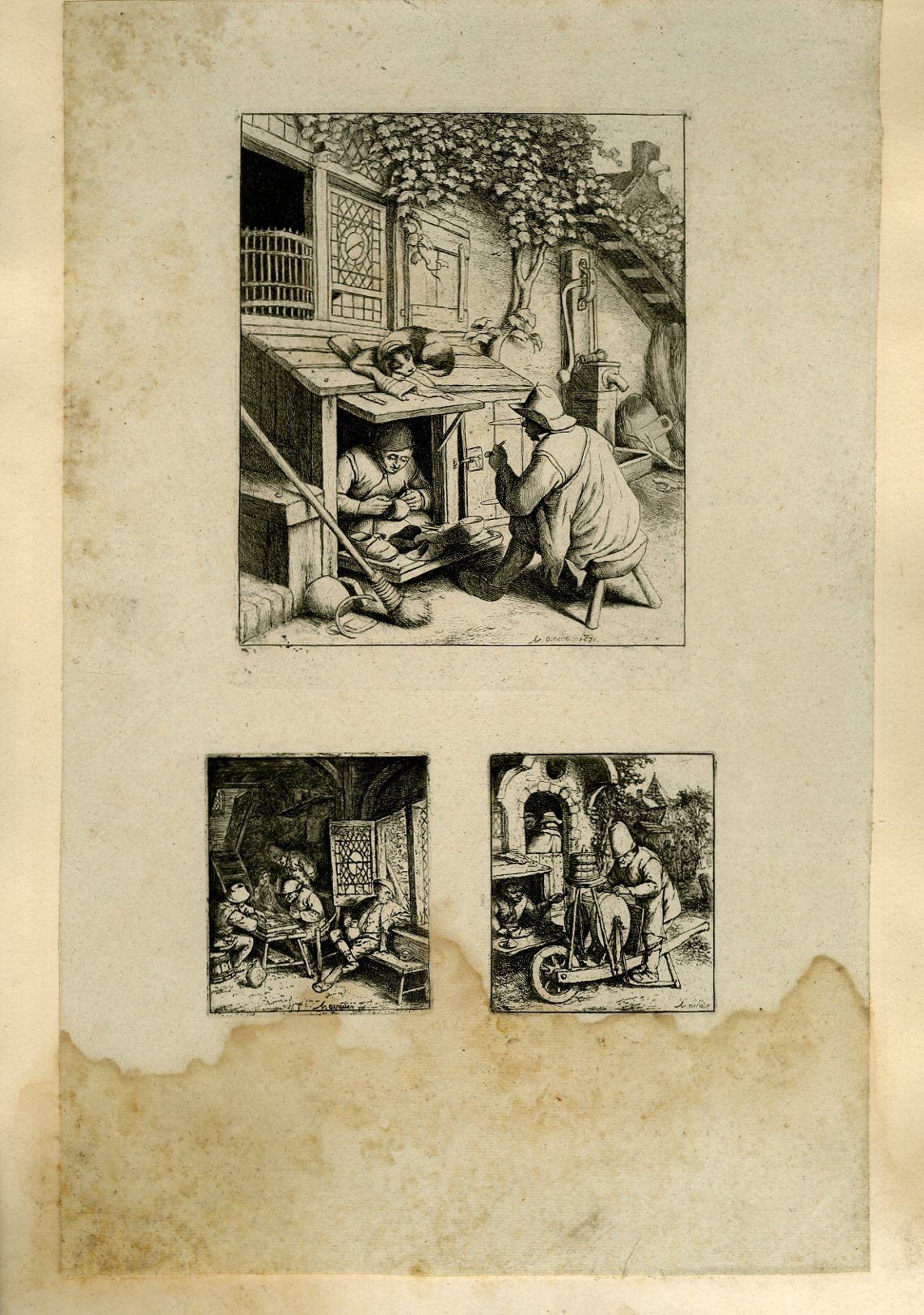 Planche illustrée de 3 gravures originales en noir et blanc : Différentes étapes d'un atelier de sabotier.
