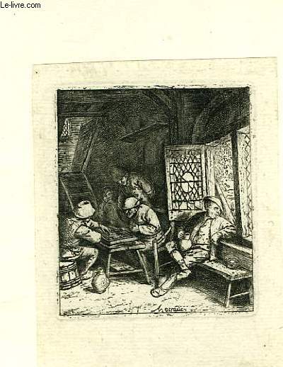 Une gravure originale, en noir et blanc, de 4 hommes jouant à un jeu de société et d'un 5ème buvant son vin, l'air pensif.