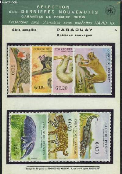 Collection de 7 timbres-poste neufs, du Paraguay - Srie : Animaux sauvages.