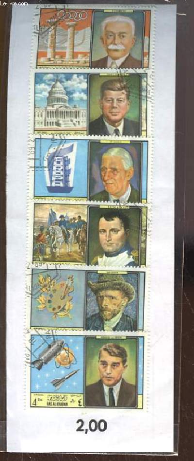 Collection de 6 timbres-poste, neufs ou oblitérés, de Ras Al Khaima. Pierre de Coubertin, JFK, De Gaulle, Napoléon, Van Gogh, Wernher von Braun.