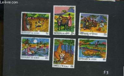 Collection de 6 timbres-poste oblitrs, de la Rpublique de Guine. Petits gnies du Mont Nimba, Lgende de la Lune et des Etoiles. Les Nianabla et les crocodiles. Le Conteur ...