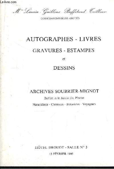 Catalogue de la Vente aux Enchres du 13 fvrier 1995,  Drouot-Richelieu. Autographes, Livres, Gravures, Estampes et Dessins. Archives Soubrier-Mignot (Buffon et le Jardin des Plantes).