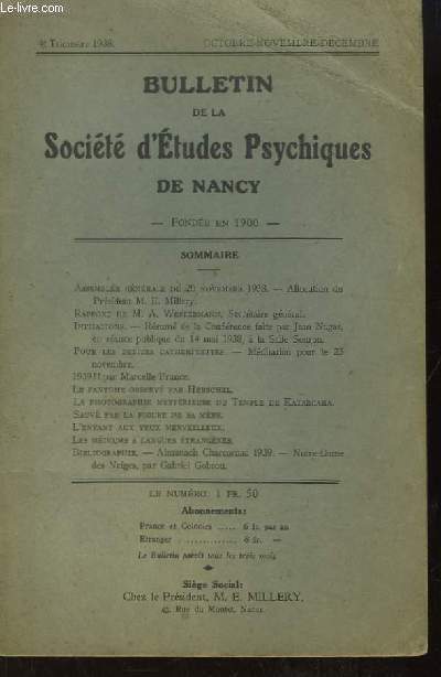 Bulletin de la Société d'Etudes Psychiques de Nancy, 4e trimestre 1938