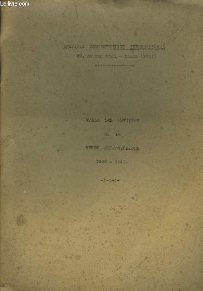 Table des matières de la Révue Métapsychique 1920 - 1940