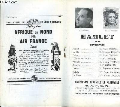 Programme Officiel du Grand Théâtre de Bordeaux : Hamlet, avec Roger Barsac et Simone Couderc.