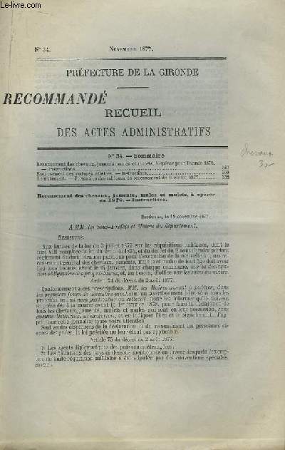 Recueil des Actes Administratifs, n34 - Prfecture de la Gironde.