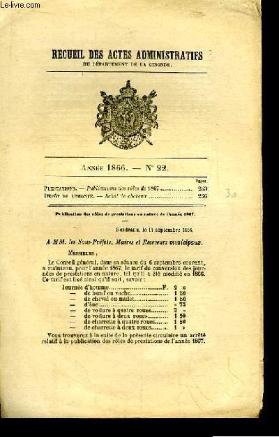 Recueil des Actes Administratifs, du Dpartement de la Gironde. n22 - Anne 1866 : Achat de Chevaux. Publications des Rles de 1867.