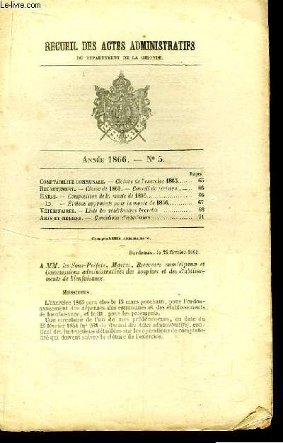 Recueil des Actes Administratifs, du Département de la Gironde. N°5 - Année 1866 : Haras, composition de la monte de 1866