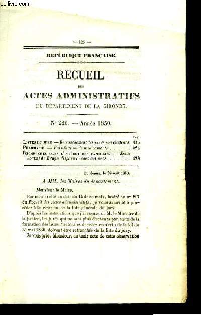 Recueil des Actes Administratifs, du Dpartement de la Gironde. N220 : Falsification de mdicaments.