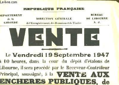 Affiche de la Vente aux Enchères Publiques de 2 Etalons : Oberland (Trait breton) et Nathan (Anglo-Arabe). Le 19 septembre 1947