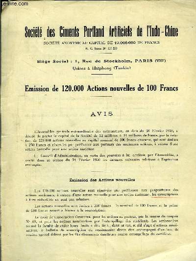 Emission de 120 000 Actions Nouvelles de 100 Francs. Avis.