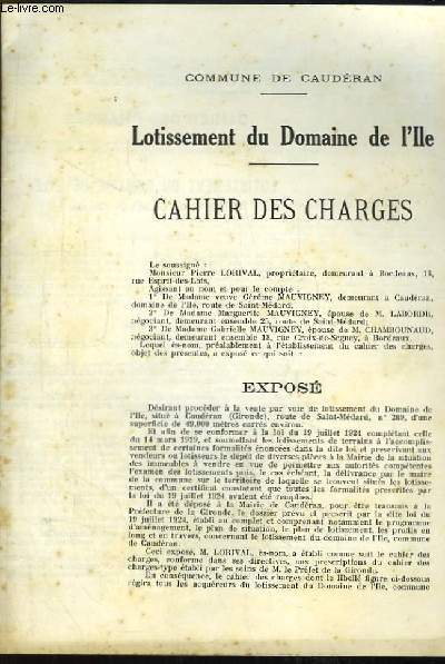 Lotissement du Domaine de l'Ile. Cahier des Charges.