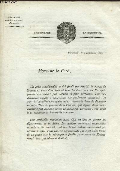 Lettre de l'Archevch de Bordeaux  M. Le Cur. Circulaire relative au prix de vertu.