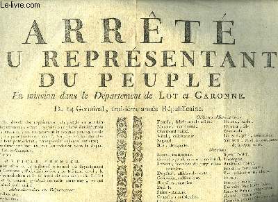 Arrt du Reprsentant du Peuple. En mission dans le Dpartement de Lot et Garonne. Du 14 Germinal, 3me anne Rpublicaine.