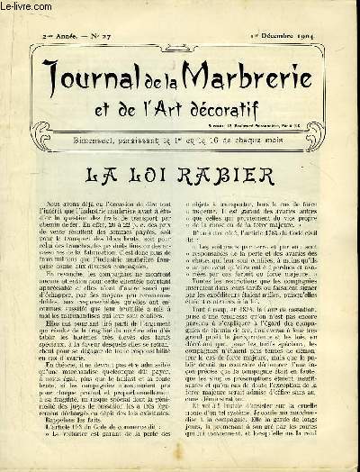Journal de la Marbrerie et de l'Art dcoratif N 27 - 2me anne : La Loi Rabier (  suivre ) - Autel d'Eglise - La classification des marbres (suite).