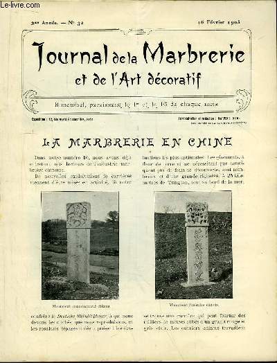 Journal de la Marbrerie et de l'Art dcoratif N 32 - 2me anne : La Marbrerie en Chine - Lamnris -