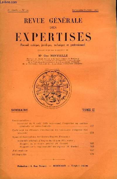 Revue Gnrale des Expertises. N35 - 6me anne : Dcret du 8 aot 1835 concernant l'expertise en matire criminelle et correctionnelle ...