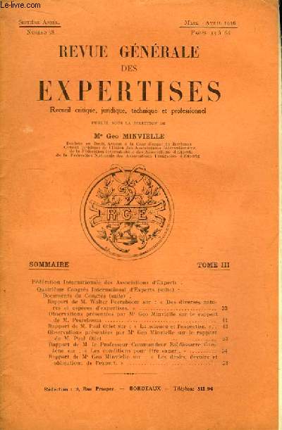 Revue Gnrale des Expertises. N38 - 7me anne : Quatrime congrs international d'experts, Bruxelles; les 8, 9 et 10 septembre 1935 ( suivre) ... - Rapport de Walter Peereboom sur 