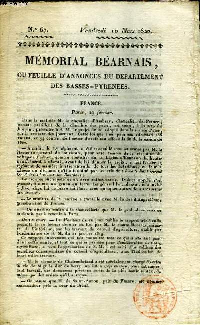 Mmorial Barnais ou Feuille d'annonces du dpartement des Basses-Pyrnes N67 + son Supplment du 11 mars 1820. Certification d'Insertion de l'Affiche.