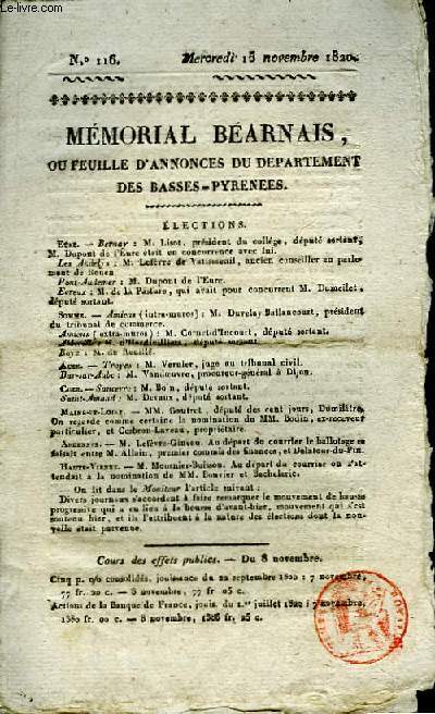 Mmorial Barnais ou Feuille d'annonces du dpartement des Basses-Pyrnes N116