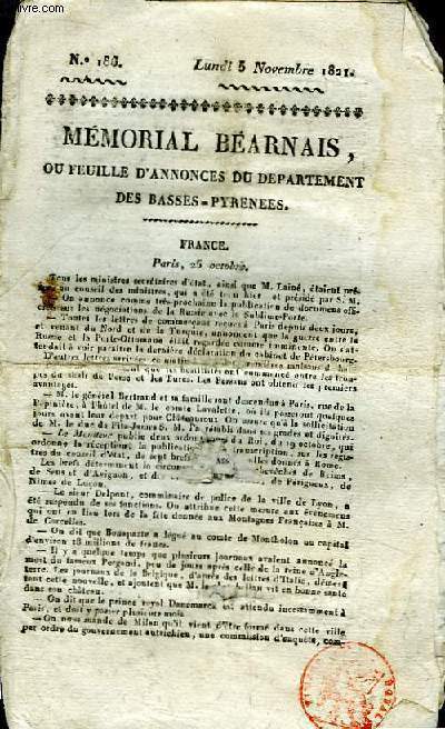 Mmorial Barnais ou Feuille d'annonces du dpartement des Basses-Pyrnes N186