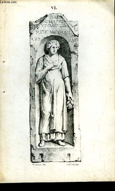 Gravure XIXe en noir et blanc, d'Antiques reliques graves dans la pierre. Planche N VI
