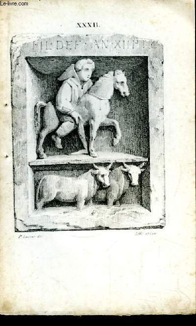 Gravure XIXe en noir et blanc, d'Antiques reliques graves dans la pierre. Planche N XXXII : Relique d'un cavalier sur sa monture, et 2 vaches de trait