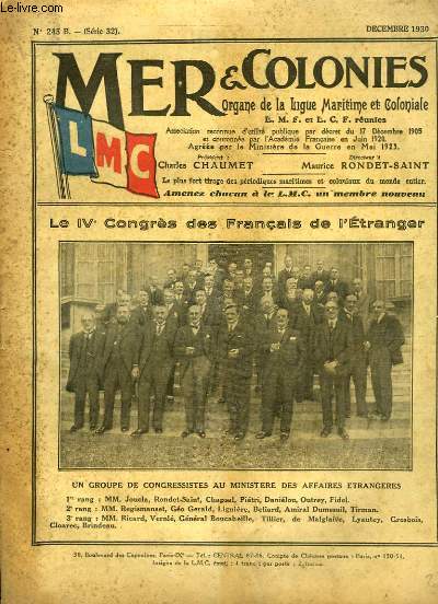 Mer & Colonies N°245 B - Série 32 : Le IVe Congrès des Français de l'Etranger - La Croisière L.M.C. du 