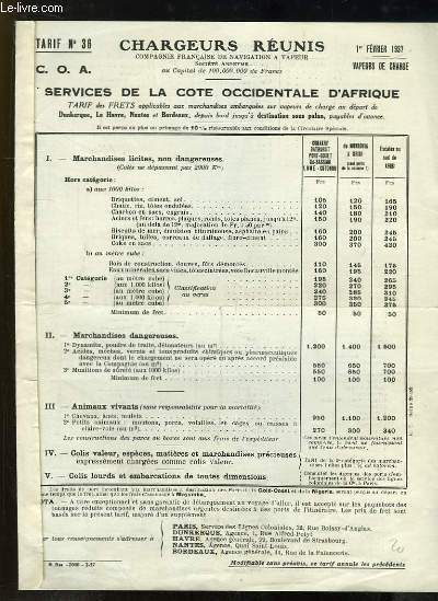 Feuille de Tarifs N36 . Services de la Cte Occidentale d'Afrique