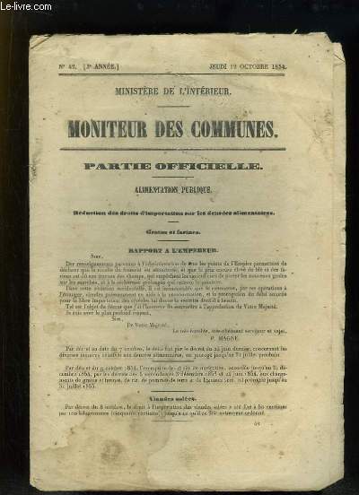 Moniteur des Communes N3 - 42e anne : Partie Officielle, Alimentation Publique. Rduction des droits d'importation sur les denres alimentaires. Grains et Farine. Rapport  l'Empereur - Bataille et Victoire de l'Alma -